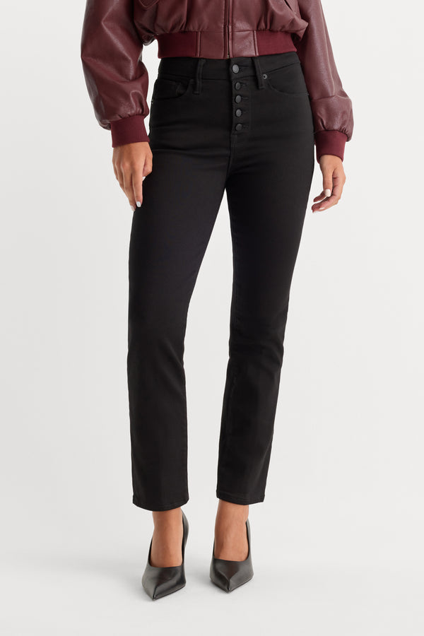 NEVER FADE BUTTON FRONT GOOD LEGS STRAIGHT JEANS | BLACK001