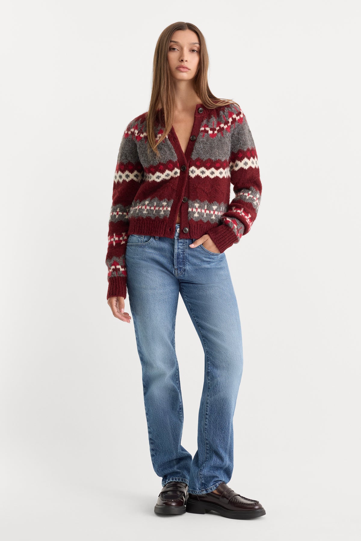 THE CLASSIC CARDIGAN | BORDEAUX FAIR ISLE-3 | GOOD AMERICAN | MODEL_A