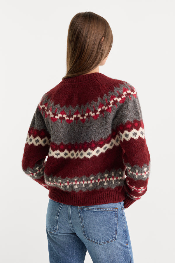 THE CLASSIC CARDIGAN | BORDEAUX FAIR ISLE-6 | GOOD AMERICAN | MODEL_A