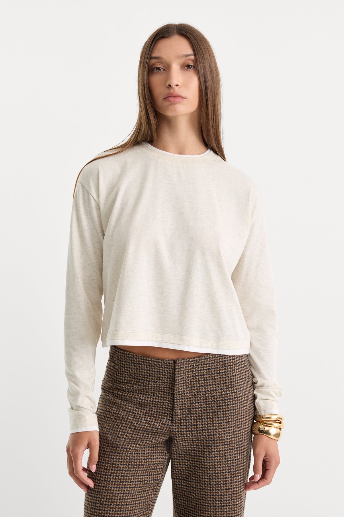 THE LONG SLEEVE LAYERED TEE | OATMEAL HEATHER-1 | GOOD AMERICAN | MODEL_A