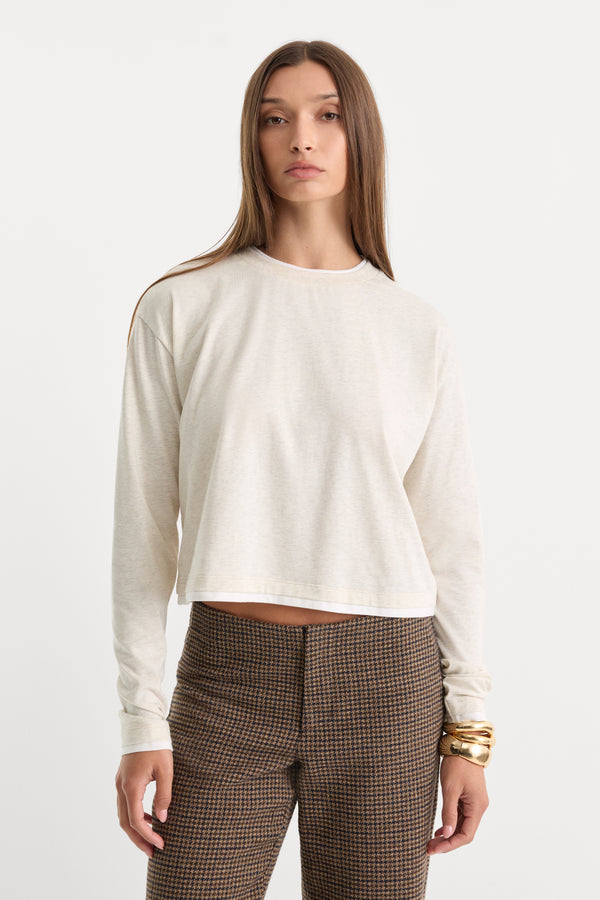 THE LONG SLEEVE LAYERED TEE | OATMEAL HEATHER-1 | GOOD AMERICAN | MODEL_A