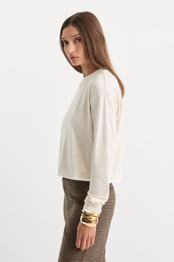THE LONG SLEEVE LAYERED TEE | OATMEAL HEATHER-3 | GOOD AMERICAN | MODEL_A