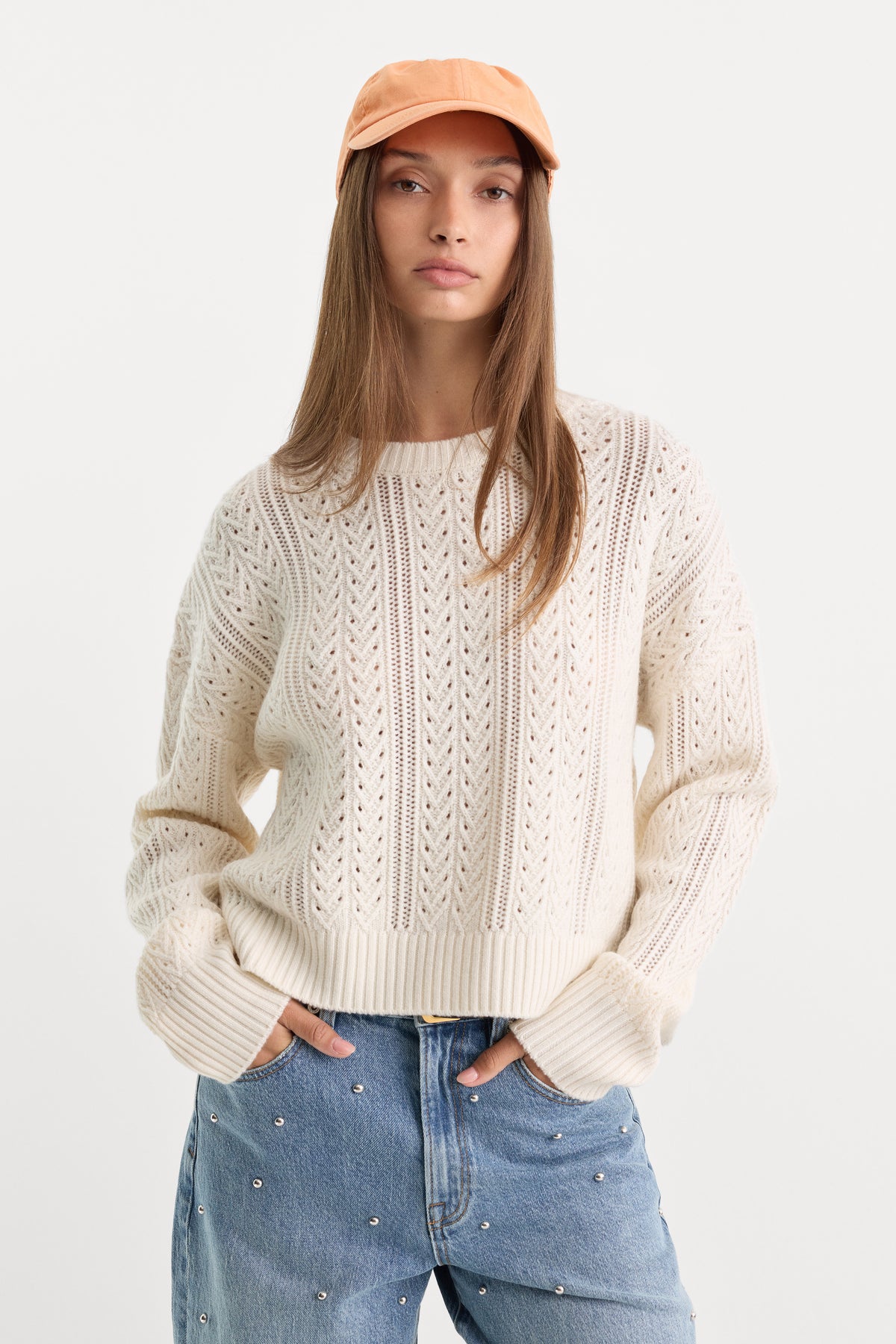 THE OPENWORK CREW SWEATER | PEARL-1 | GOOD AMERICAN | MODEL_A