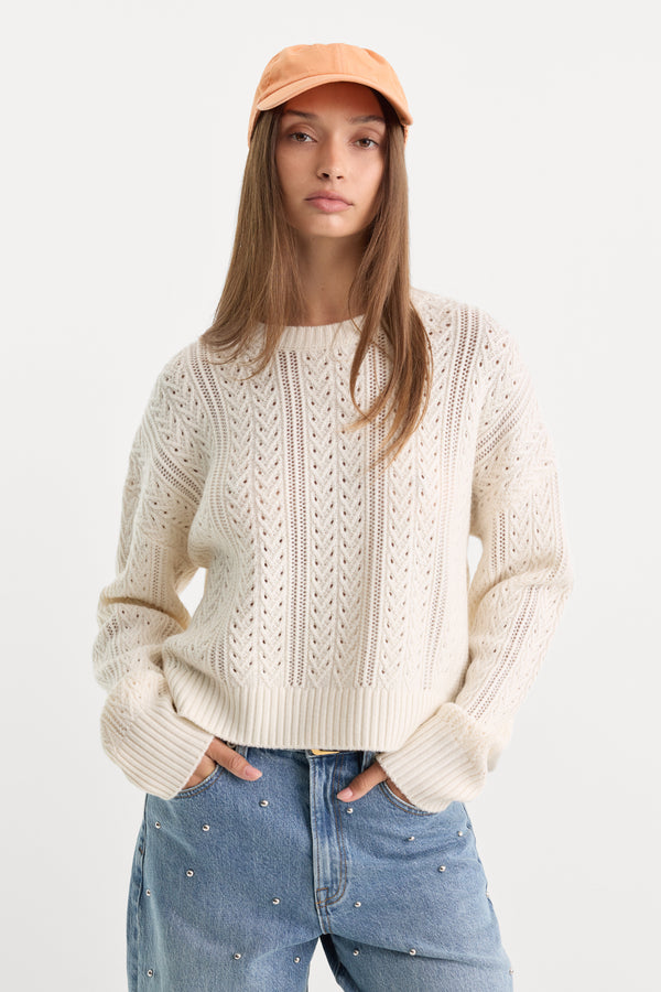 THE OPENWORK CREW SWEATER | PEARL-1 | GOOD AMERICAN | MODEL_A