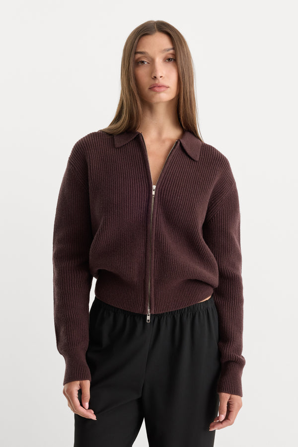 THE ZIP UP POLO CARDIGAN | DEEP CHOCOLATE-1 | GOOD AMERICAN | MODEL_A