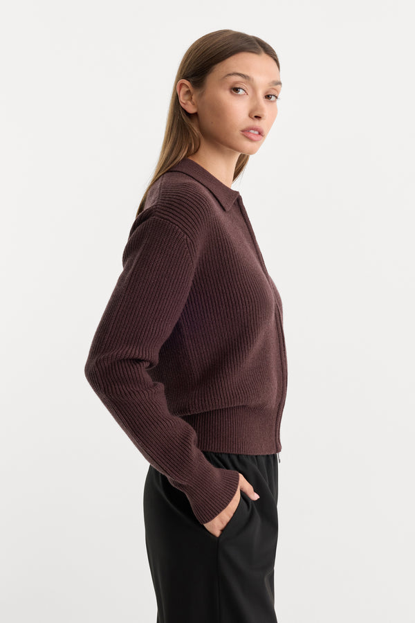 THE ZIP UP POLO CARDIGAN | DEEP CHOCOLATE-2 | GOOD AMERICAN | MODEL_A