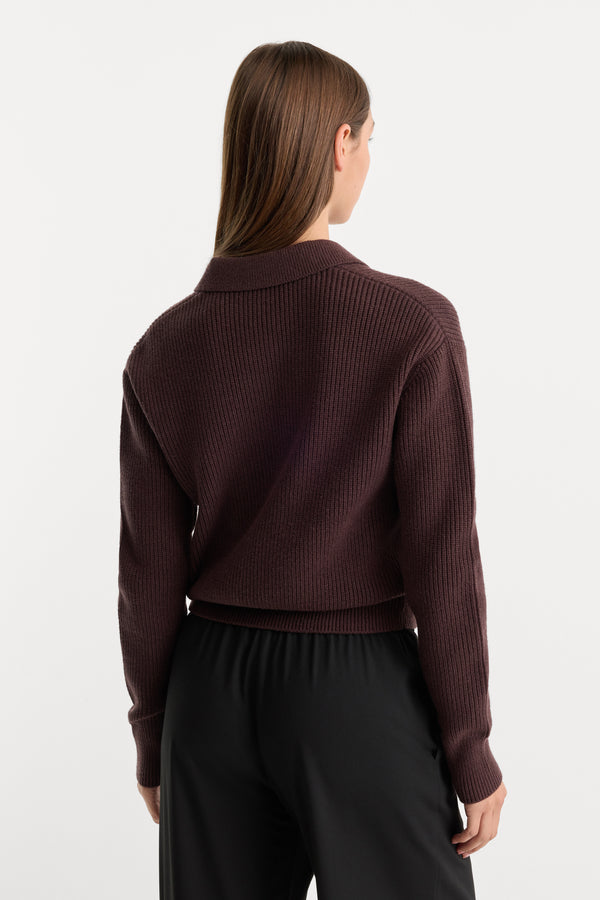 THE ZIP UP POLO CARDIGAN | DEEP CHOCOLATE-3 | GOOD AMERICAN | MODEL_A