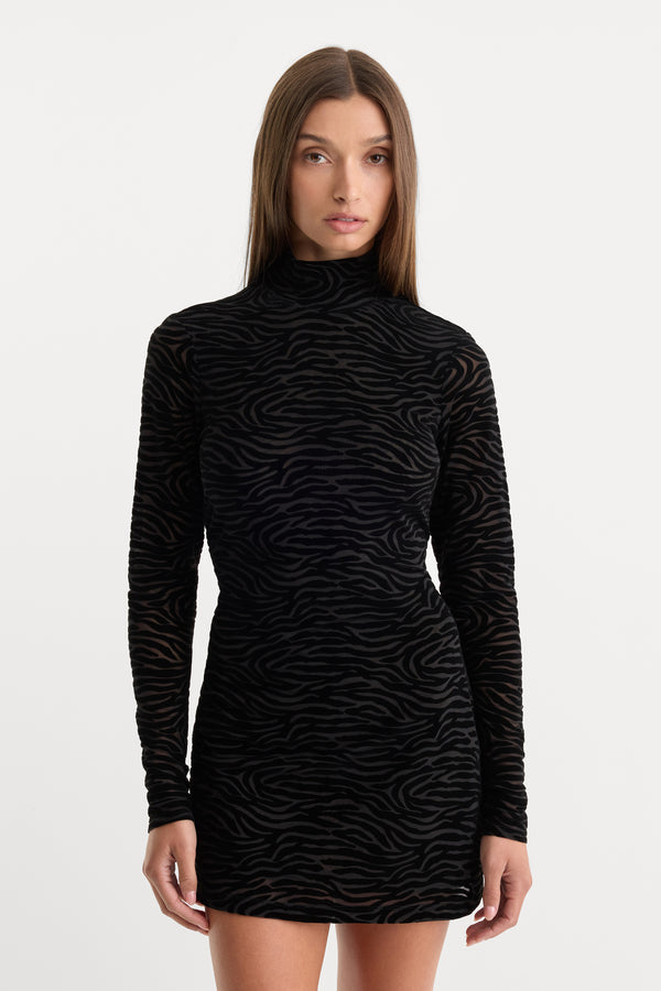 THE MESH TURTLENECK DRESS | BLACK ZEBRA-3 | GOOD AMERICAN | MODEL_A