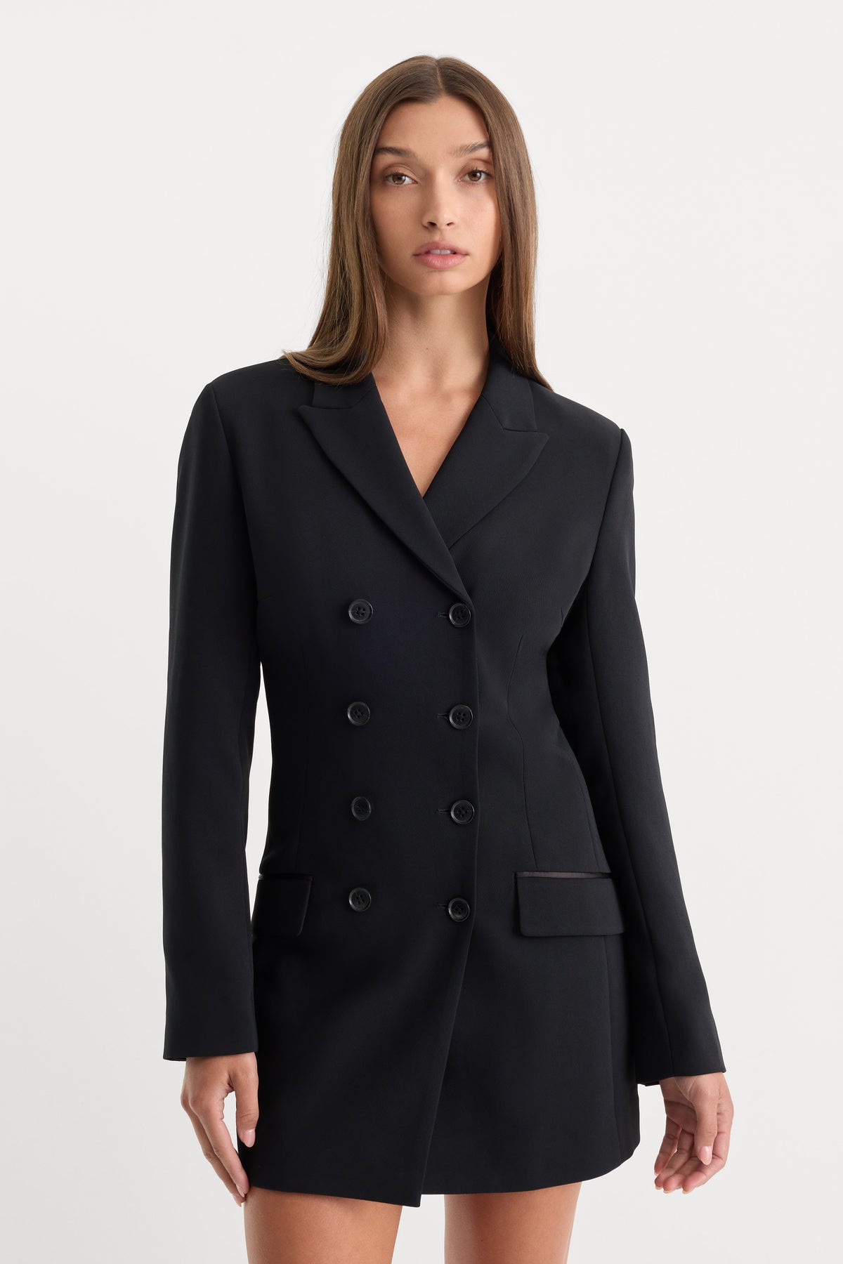 THE DOUBLE BREASTED SUITING DRESS | BLACK001-3 | GOOD AMERICAN | MODEL_A