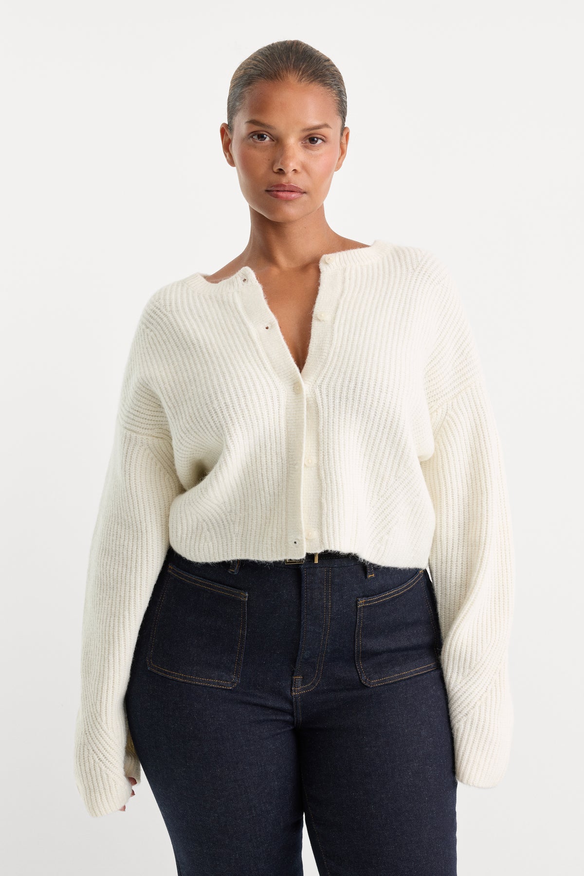 THE CHUNKY KNIT CARDIGAN | CHALK-1 | GOOD AMERICAN | MODEL_C