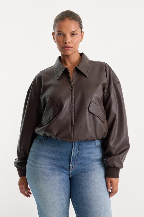 THE BETTER THAN LEATHER BOMBER JACKET | ESPRESSO-7 | GOOD AMERICAN | MODEL_C