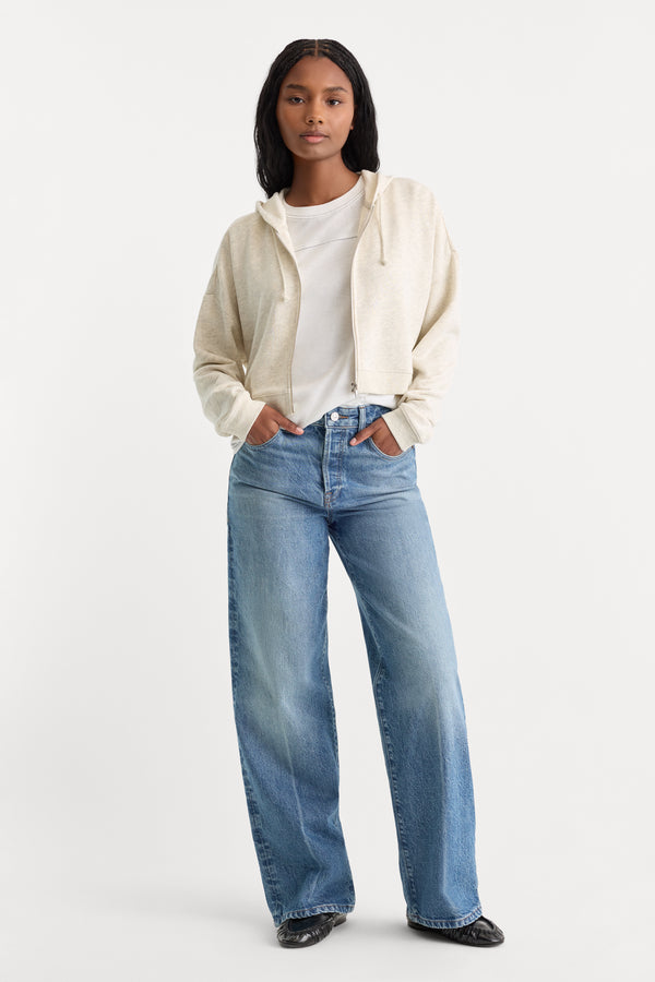 THE FRENCH TERRY CROP ZIP UP HOODIE | OATMEAL HEATHER-5 | GOOD AMERICAN | MODEL_A