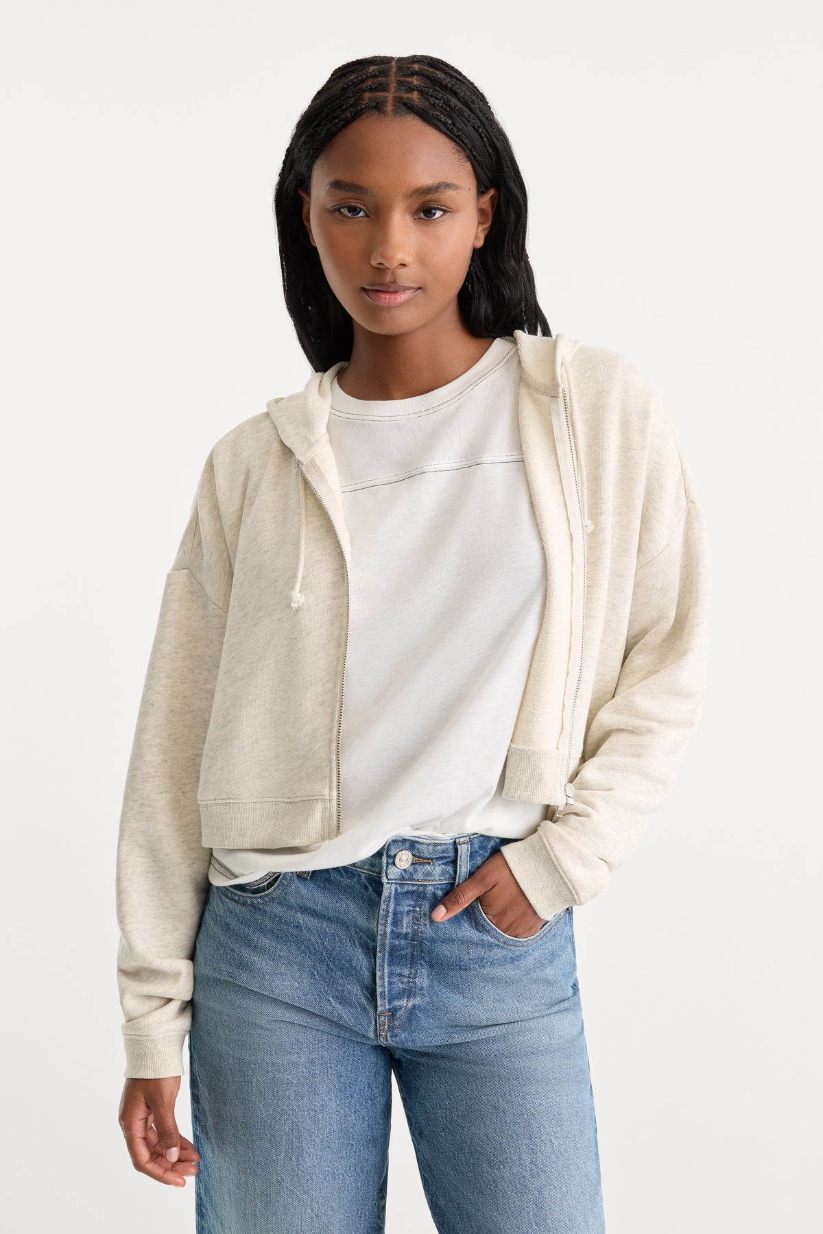 THE FRENCH TERRY CROP ZIP UP HOODIE | OATMEAL HEATHER-1 | GOOD AMERICAN | MODEL_A