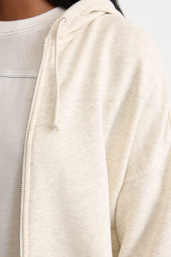 THE FRENCH TERRY CROP ZIP UP HOODIE | OATMEAL HEATHER-2 | GOOD AMERICAN | MODEL_A