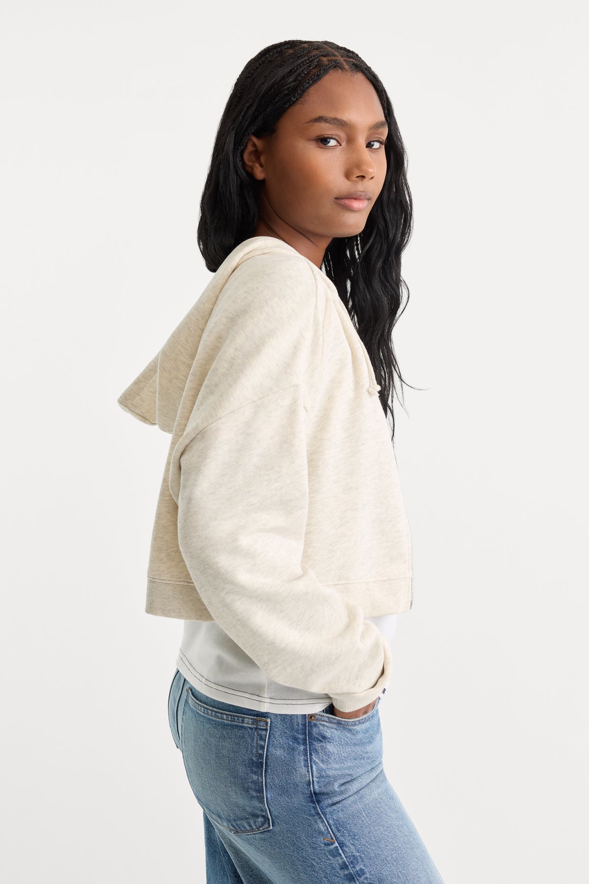 THE FRENCH TERRY CROP ZIP UP HOODIE | OATMEAL HEATHER-3 | GOOD AMERICAN | MODEL_A