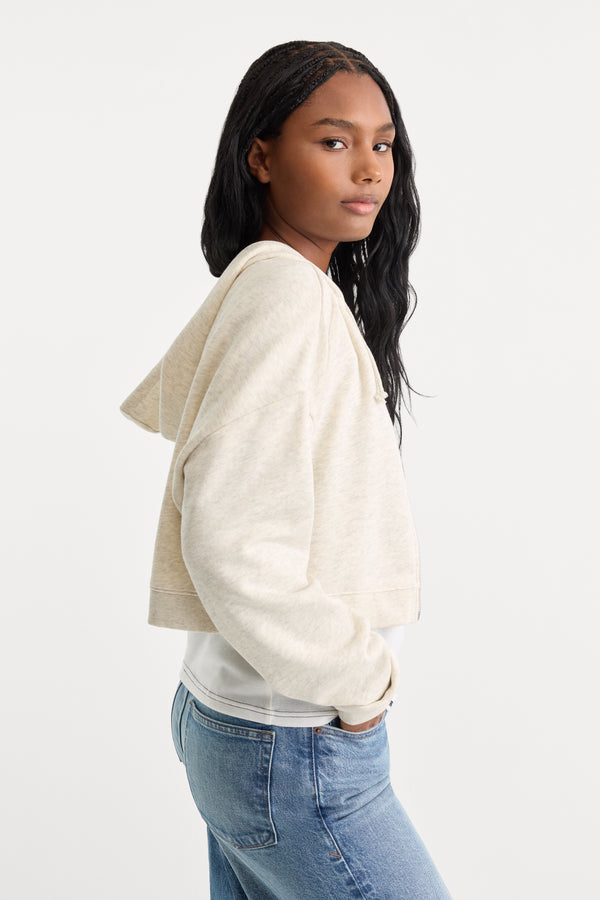 THE FRENCH TERRY CROP ZIP UP HOODIE | OATMEAL HEATHER-3 | GOOD AMERICAN | MODEL_A