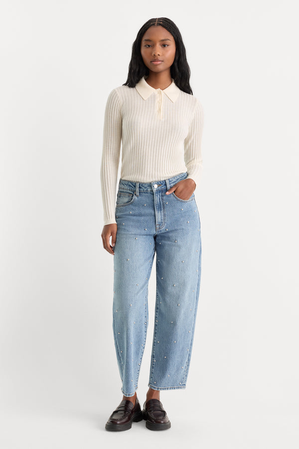 THE RIB POLO SWEATER | PEARL-5 | GOOD AMERICAN | MODEL_A