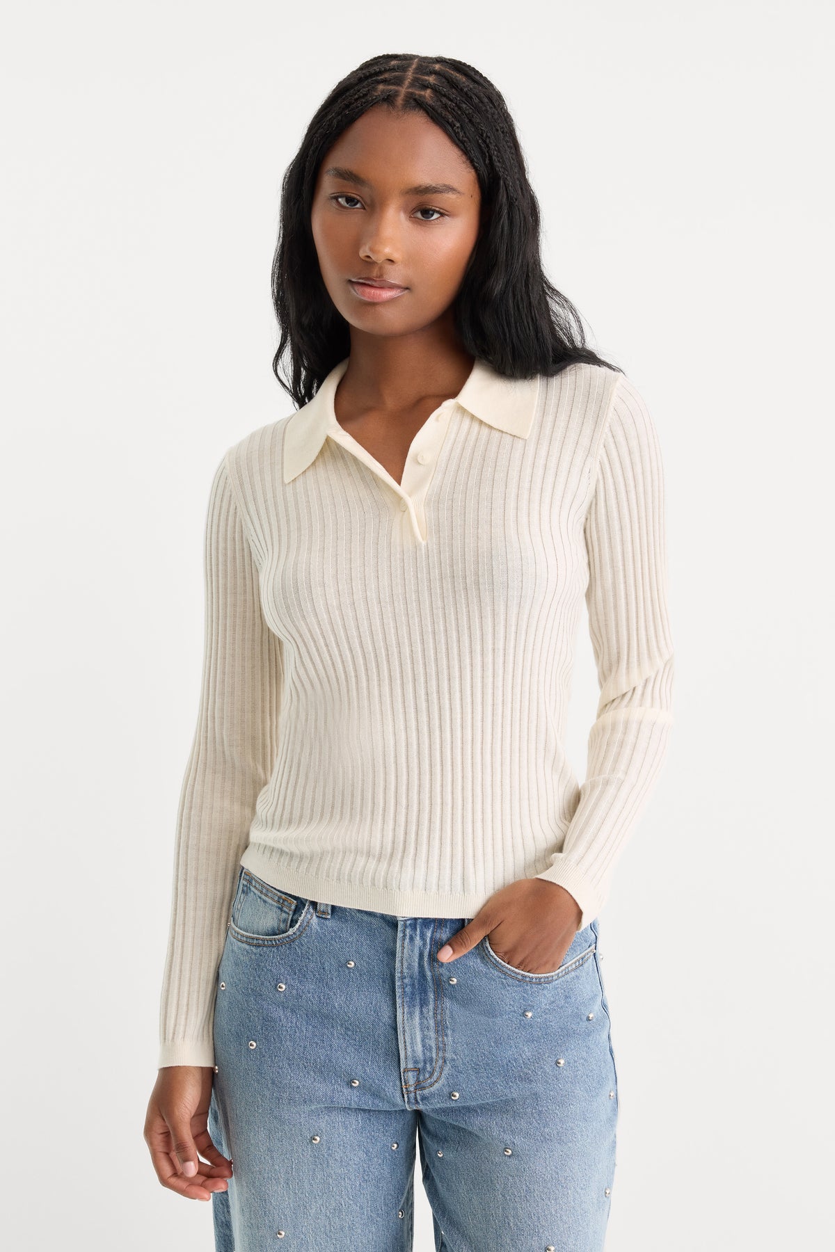 THE RIB POLO SWEATER | PEARL-1 | GOOD AMERICAN | MODEL_A