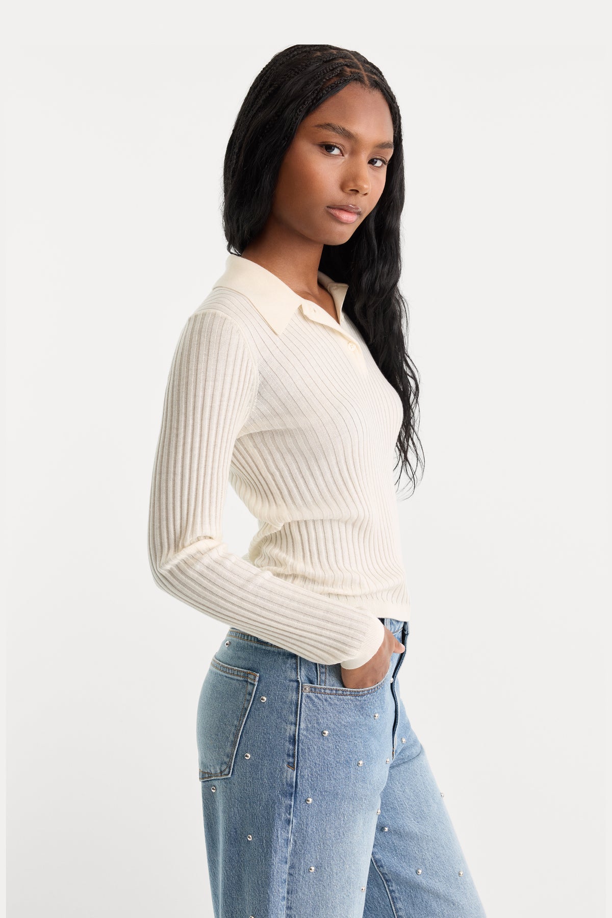 THE RIB POLO SWEATER | PEARL-3 | GOOD AMERICAN | MODEL_A