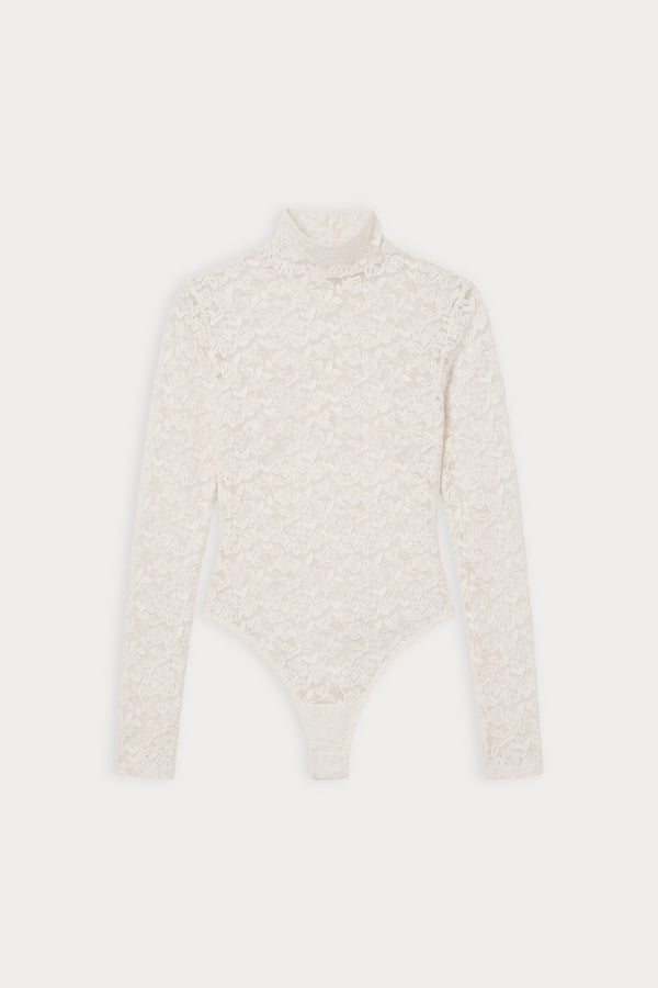 THE LACE TURTLENECK BODYSUIT | PEARL-6 | GOOD AMERICAN | FLAT