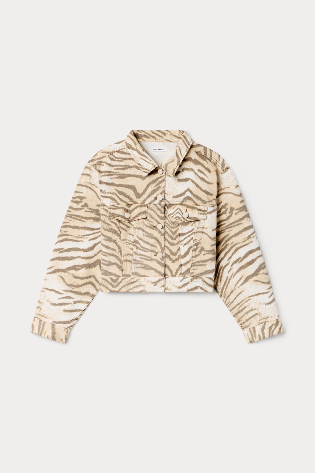 ESSENTIAL CROP DENIM JACKET | BROWN TIGER-6 | GOOD AMERICAN | MODEL_A