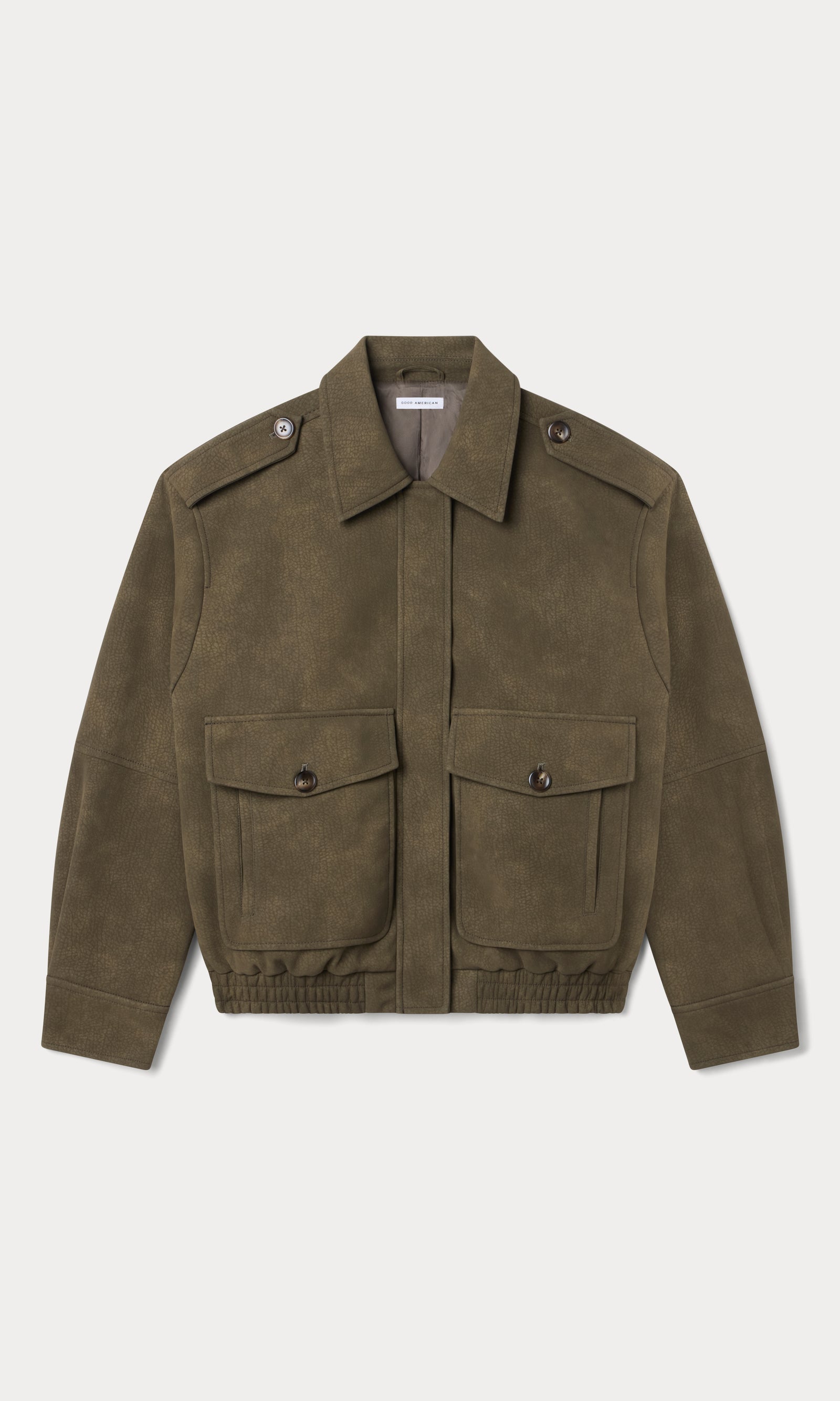 THE BETTER THAN LEATHER BOMBER JACKET | STONE-6 | GOOD AMERICAN | FLAT