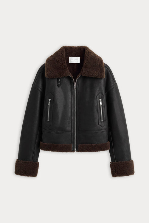 THE FAUX SHEARLING AVIATOR JACKET | BLACK WITH BROWN-6 | GOOD AMERICAN | FLAT