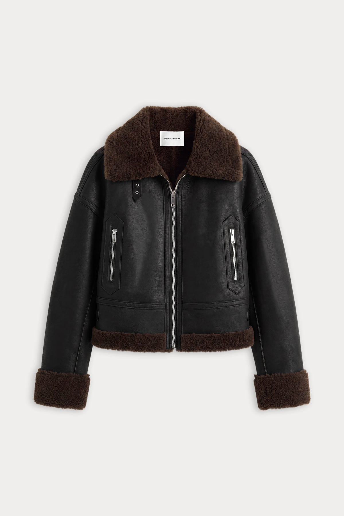 THE FAUX SHEARLING AVIATOR JACKET | BLACK WITH BROWN-6 | GOOD AMERICAN | FLAT