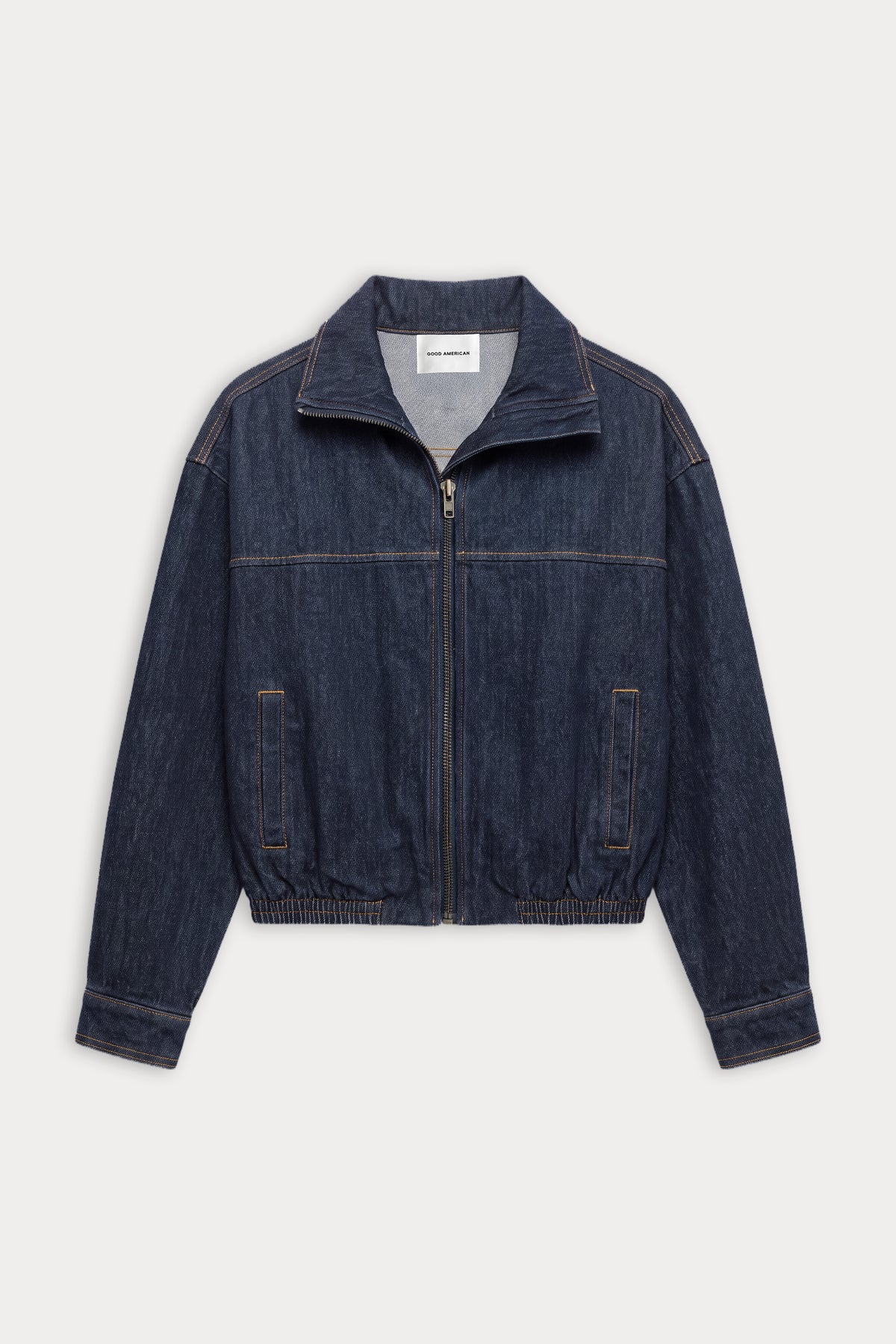 THE OVERSIZED FUNNEL NECK DENIM JACKET | RINSE-5 | GOOD AMERICAN | FLAT
