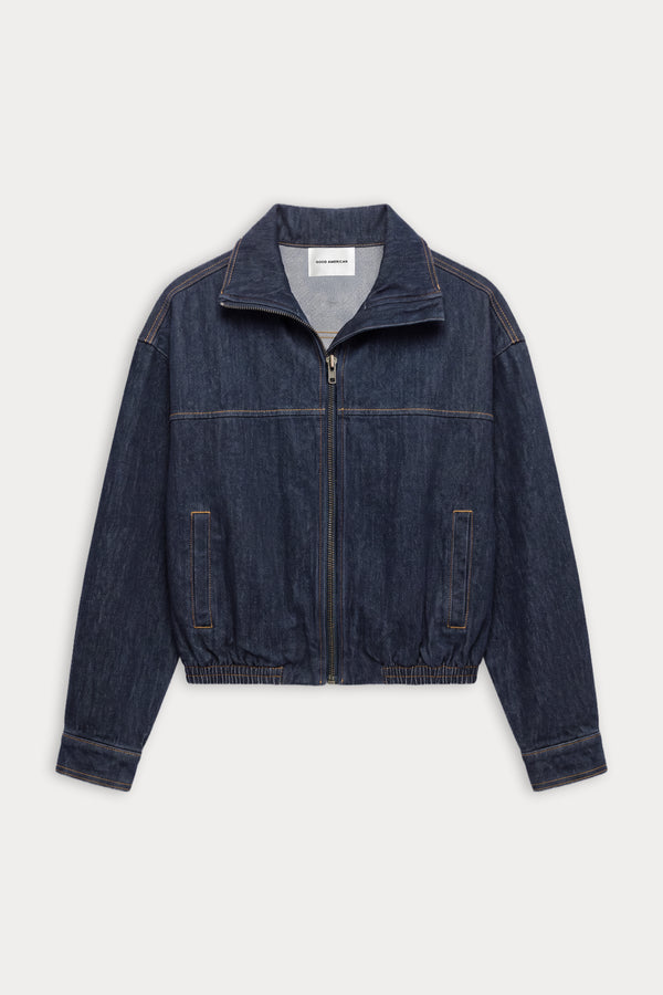 THE OVERSIZED FUNNEL NECK DENIM JACKET | RINSE-5 | GOOD AMERICAN | FLAT