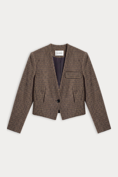 THE COLLARLESS BLAZER | BROWN MINI HOUNDSTOOTH-6 | GOOD AMERICAN | FLAT