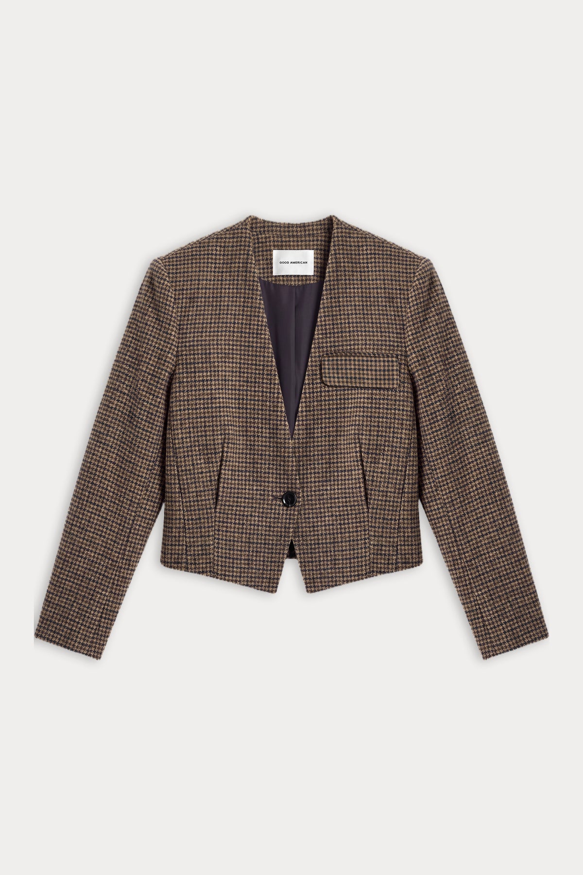 THE COLLARLESS BLAZER | BROWN MINI HOUNDSTOOTH-6 | GOOD AMERICAN | FLAT