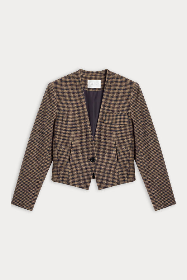 THE COLLARLESS BLAZER | BROWN MINI HOUNDSTOOTH-6 | GOOD AMERICAN | FLAT