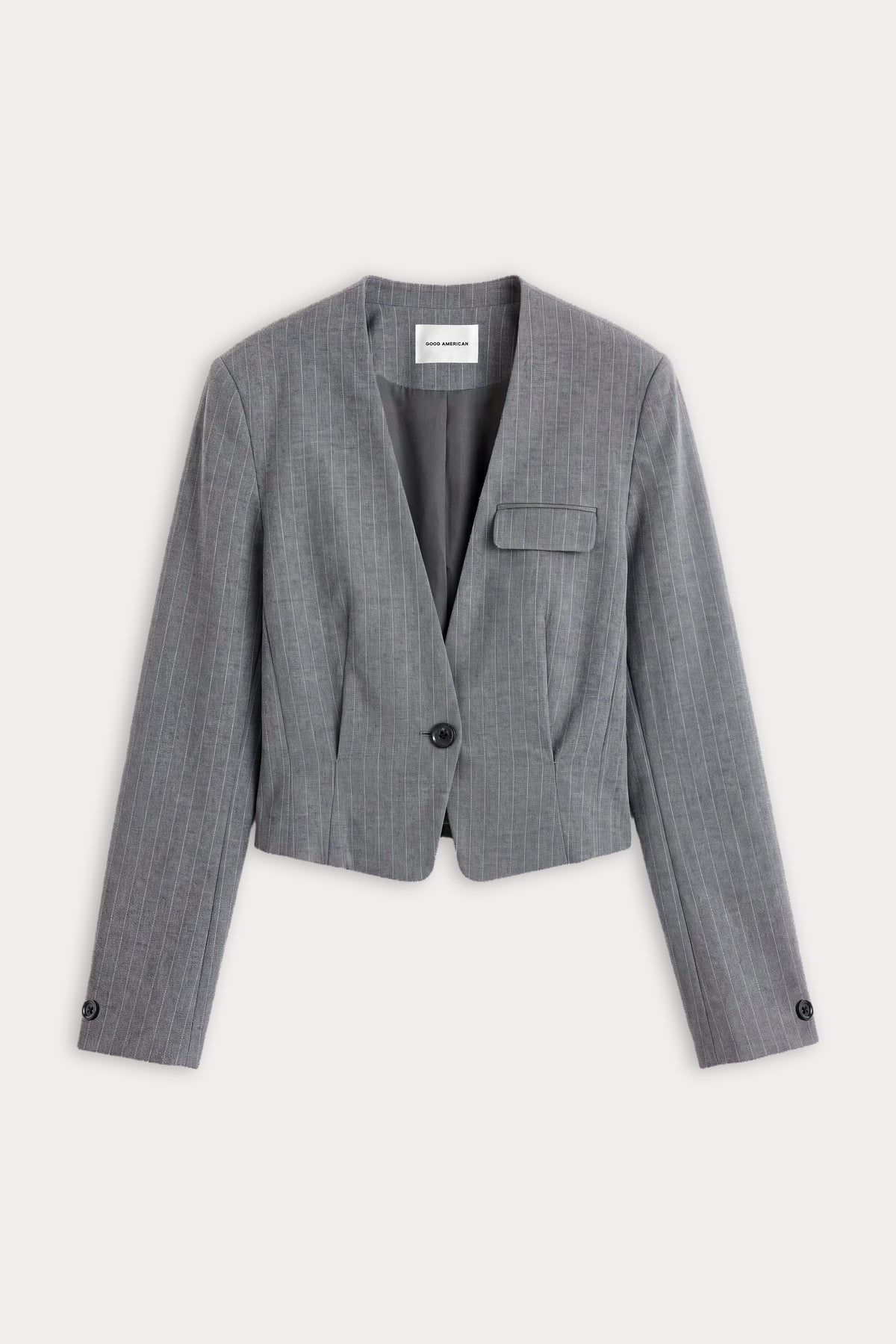 THE COLLARLESS BLAZER | CHARCOAL MELANGE PINSTRIPE-6 | GOOD AMERICAN | FLAT