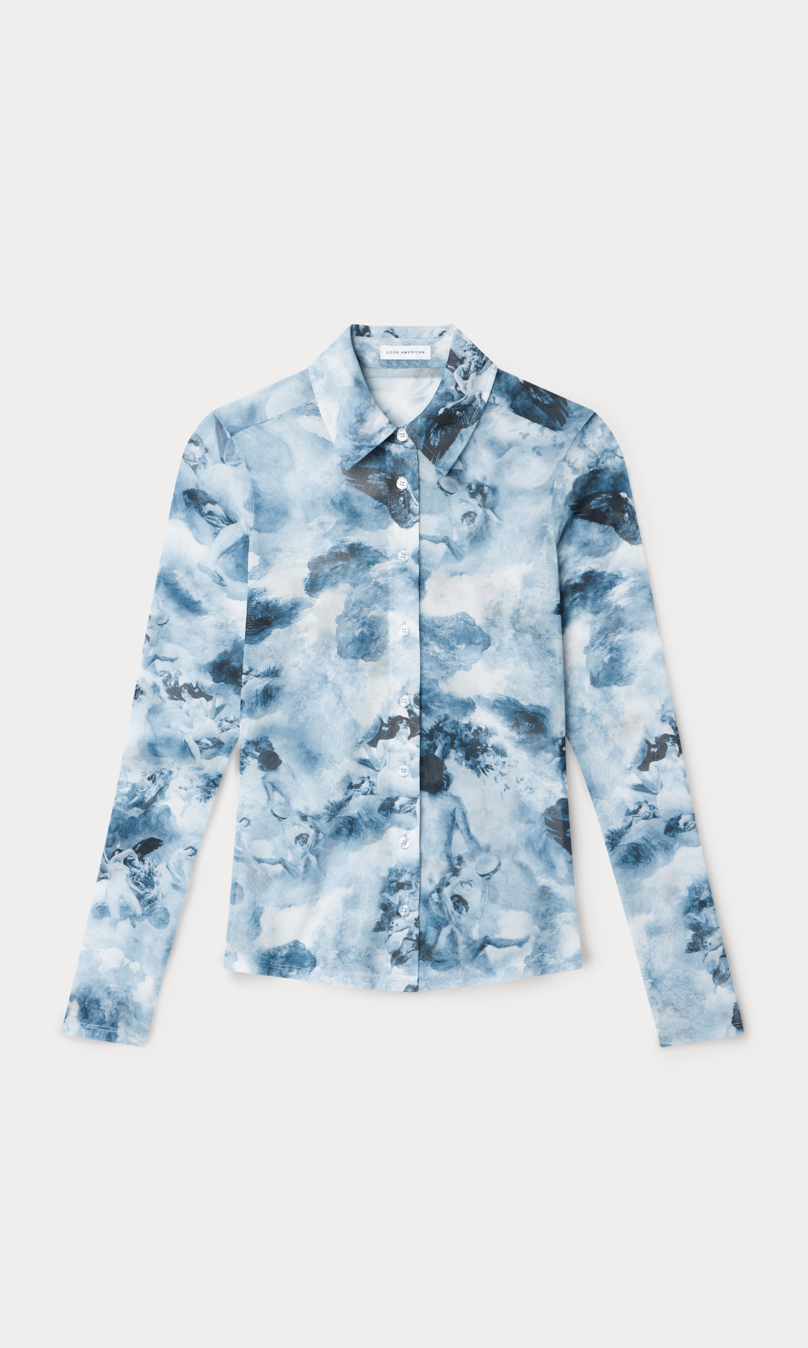 MESH BUTTON UP TOP | BLUE ANGEL PRINT
