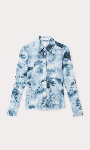 MESH BUTTON UP TOP | BLUE ANGEL PRINT