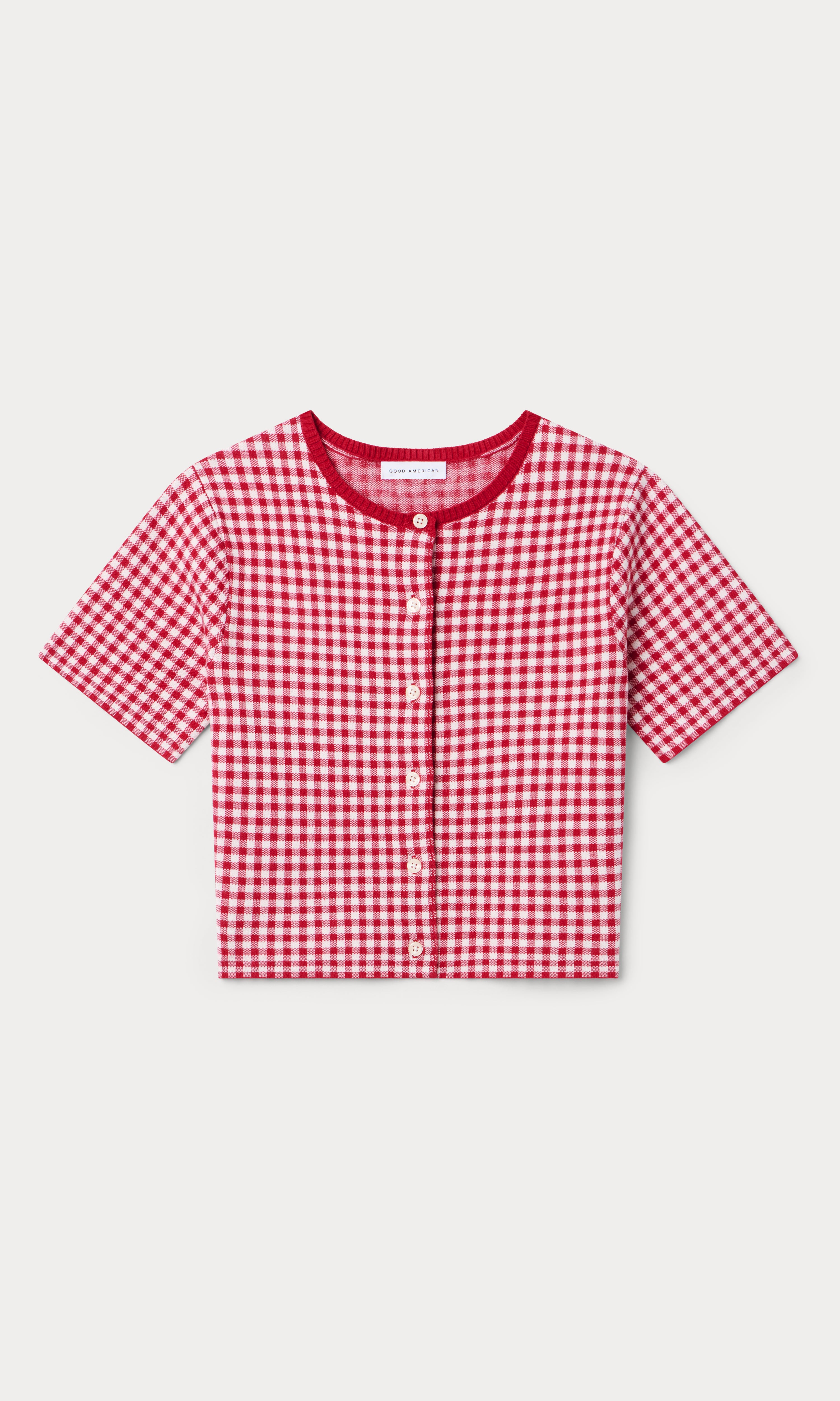 THE KEEPSAKE CARDIGAN | CHERRY GINGHAM – GOOD AMERICAN