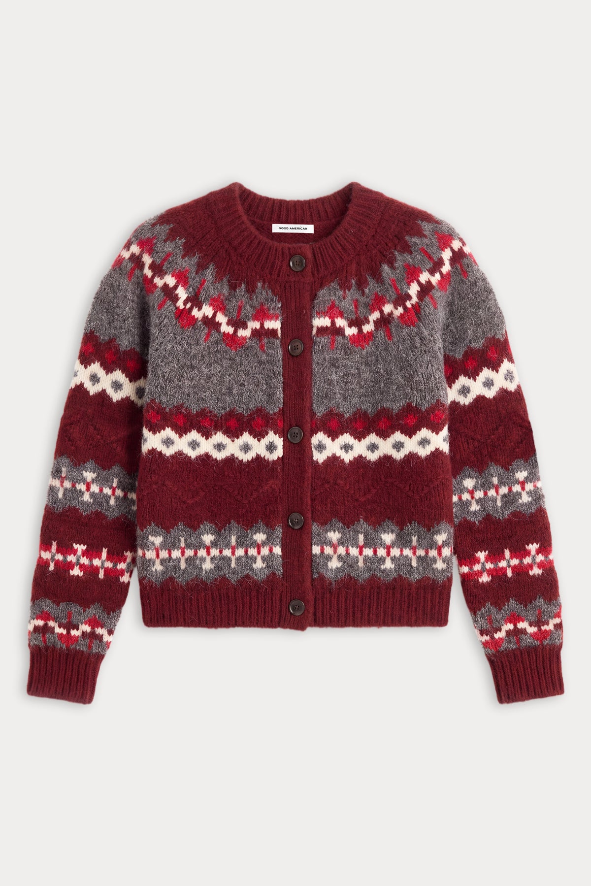 THE CLASSIC CARDIGAN | BORDEAUX FAIR ISLE-7 | GOOD AMERICAN | FLAT
