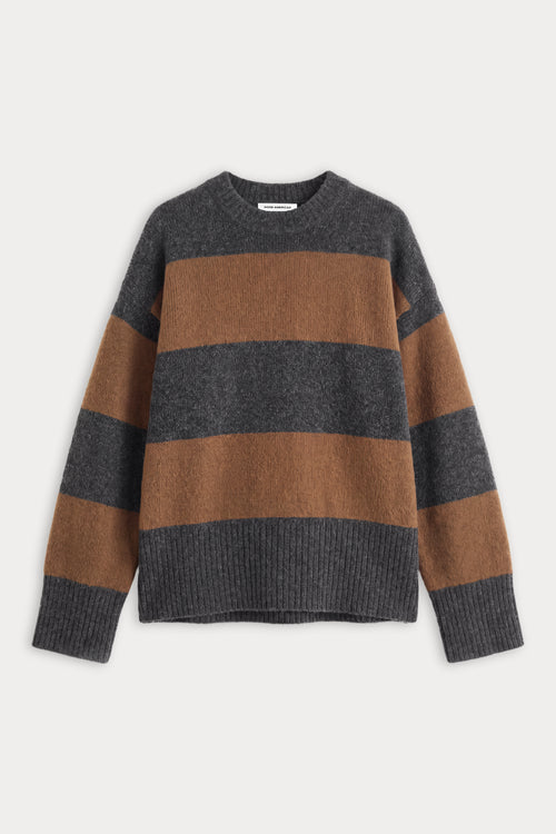 THE OVERSIZED CREW SWEATER | CHARCOAL BROWN STRIPE-5 | GOOD AMERICAN | FLAT