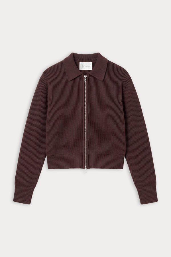 THE ZIP UP POLO CARDIGAN | DEEP CHOCOLATE-5 | GOOD AMERICAN | FLAT