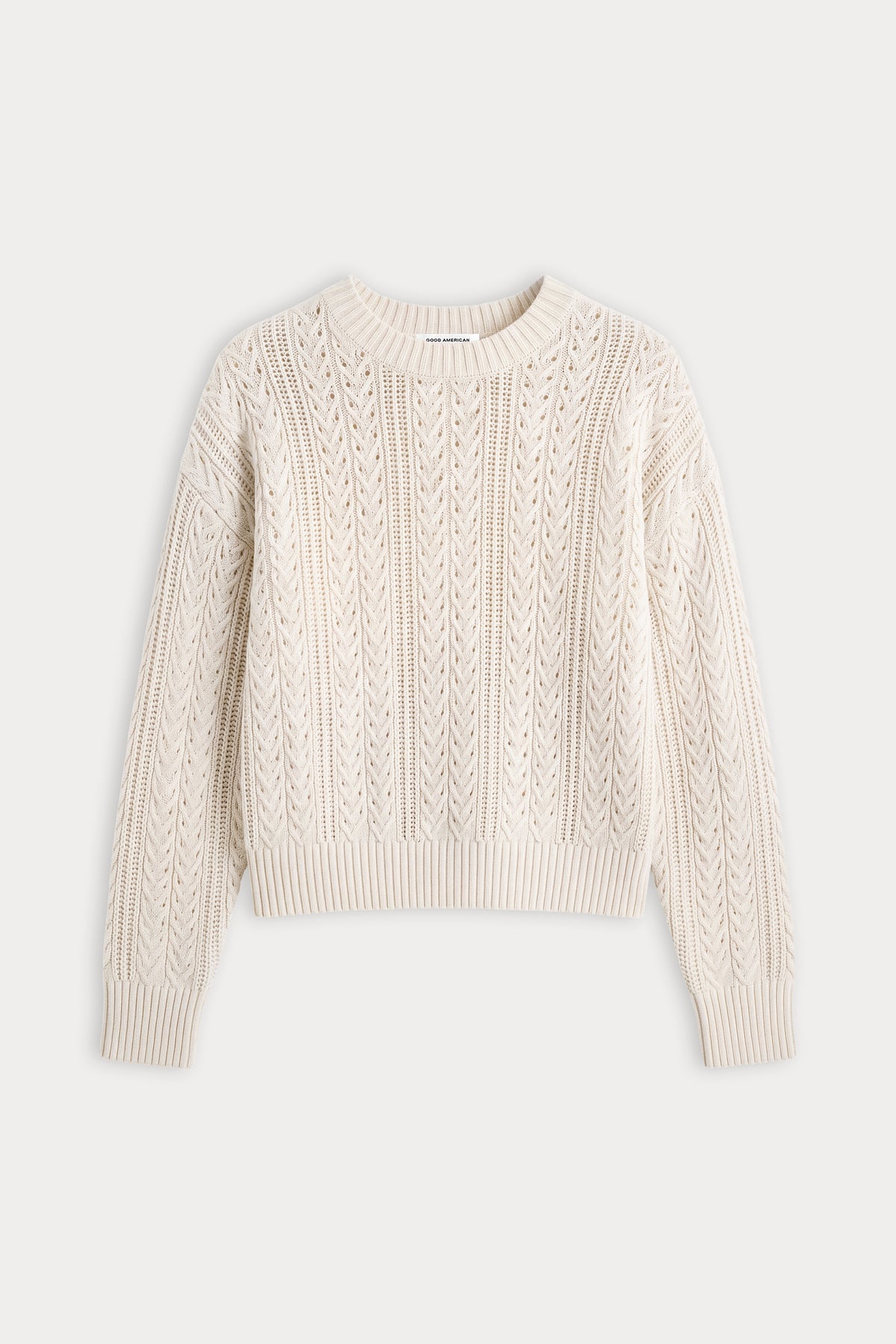 THE OPENWORK CREW SWEATER | PEARL-5 | GOOD AMERICAN | FLAT