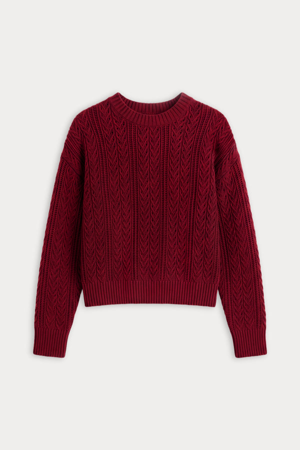 THE OPENWORK CREW SWEATER | SYRAH-5 | GOOD AMERICAN | FLAT
