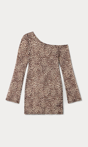 PRINT MESH ASYMMETRIC LONG SLEEVE MINI DRESS | LUCKY LEOPARD001