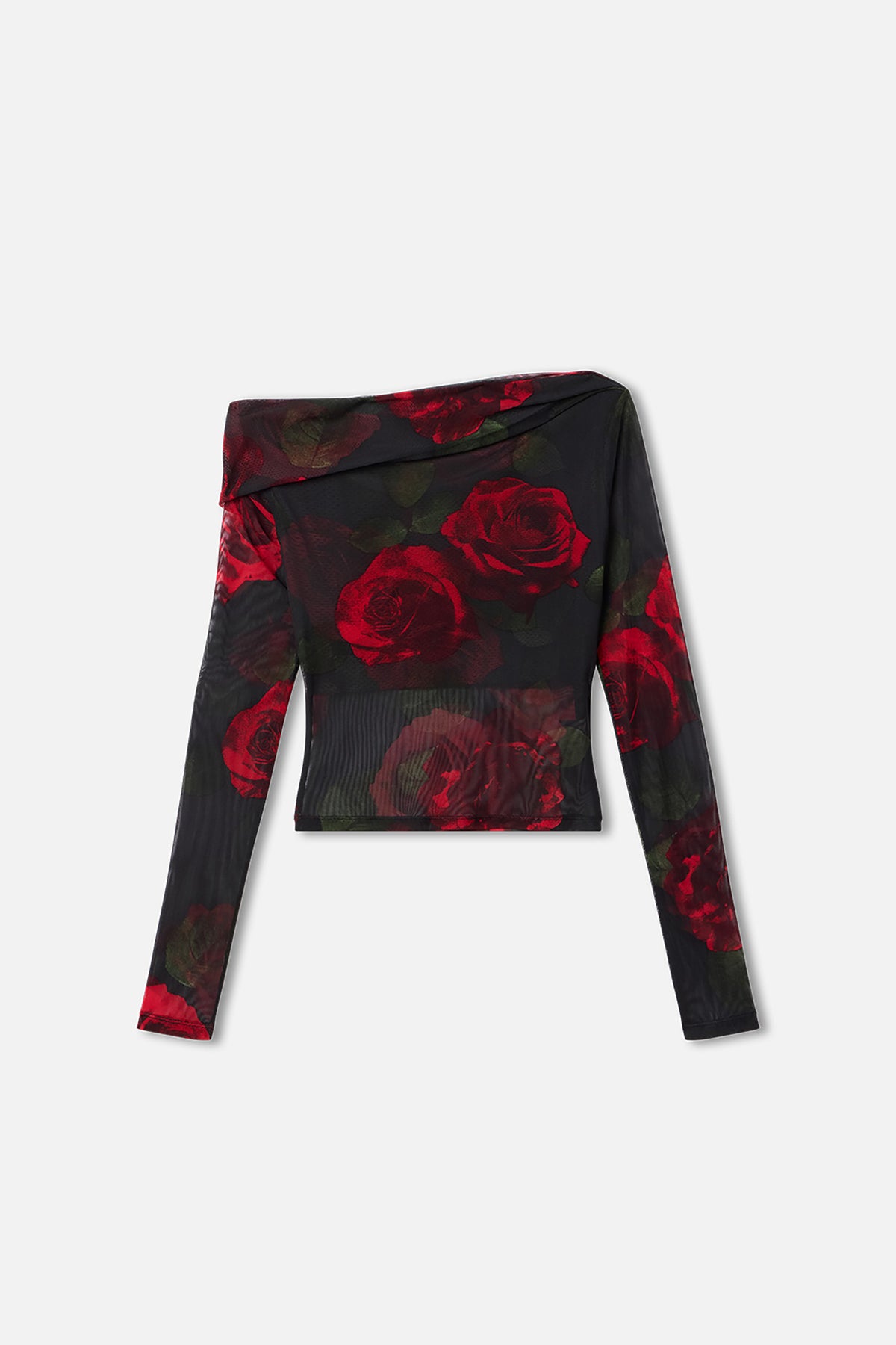 MESH RUCHED ASYMMETRIC TOP | MOODY RED ROSES001-5 | GOOD AMERICAN | MODEL_A