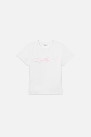 DOLLY SIGNATURE SUPER STRETCH BABY TEE | WHITE/DOLLY PINK