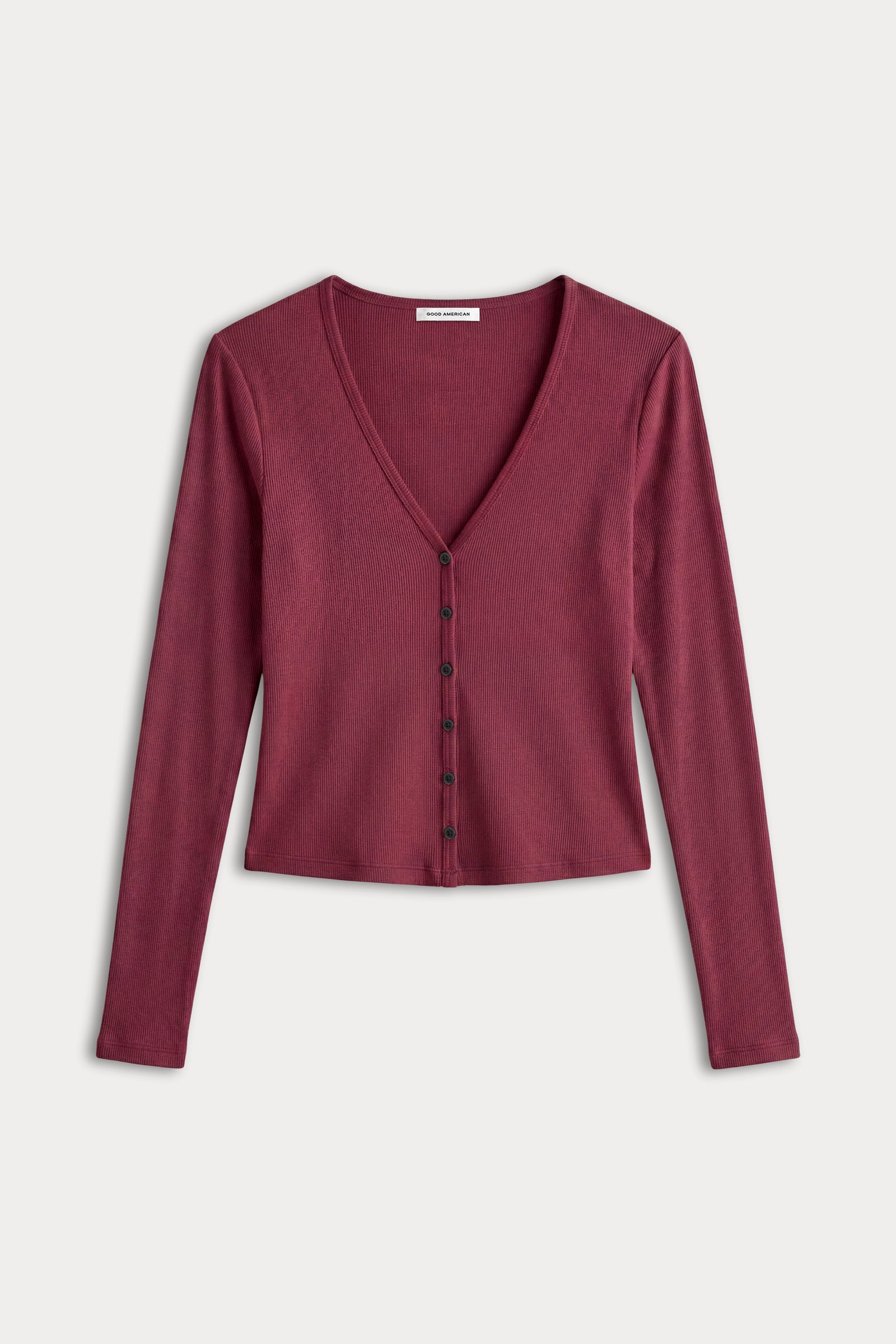 THE RIB V NECK CARDIGAN | BERRY NOIR-6 | GOOD AMERICAN | MODEL