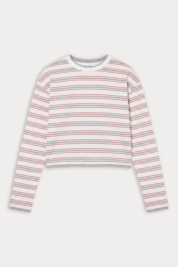 THE LONG SLEEVE LAYERED TEE | CERISE MULTI STRIPE-6 | GOOD AMERICAN | FLAT