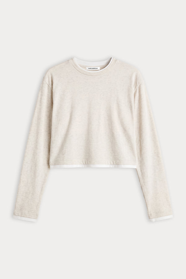 THE LONG SLEEVE LAYERED TEE | OATMEAL HEATHER-6 | GOOD AMERICAN | FLAT