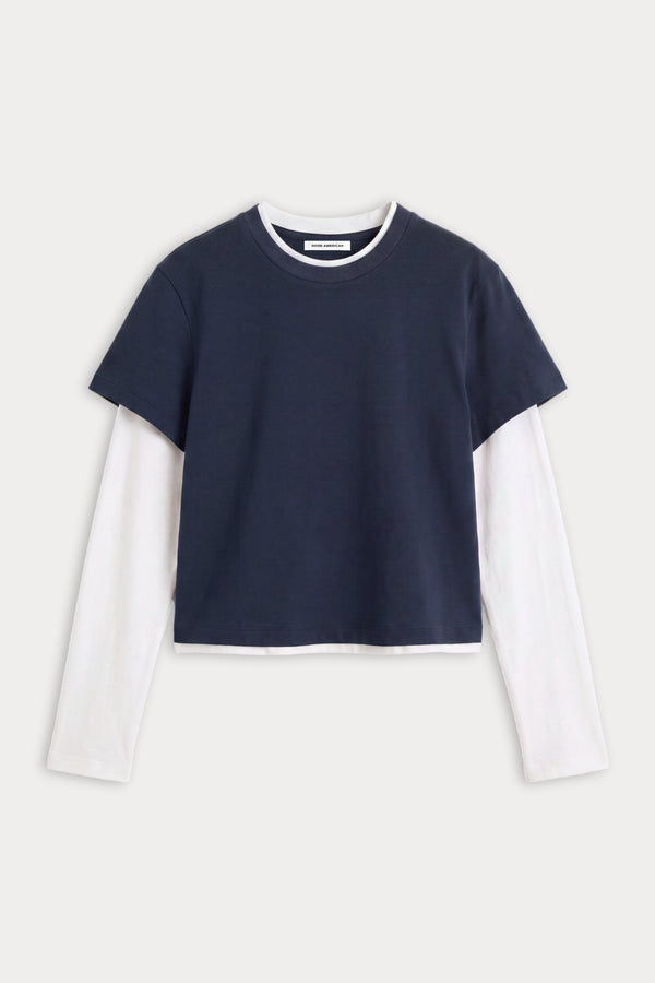 THE COMBO LAYERED TEE | NAVY WITH CHALK-6 | GOOD AMERICAN | FLAT