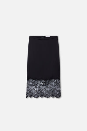 SATIN LACE SLIP MIDI SKIRT | BLACK001